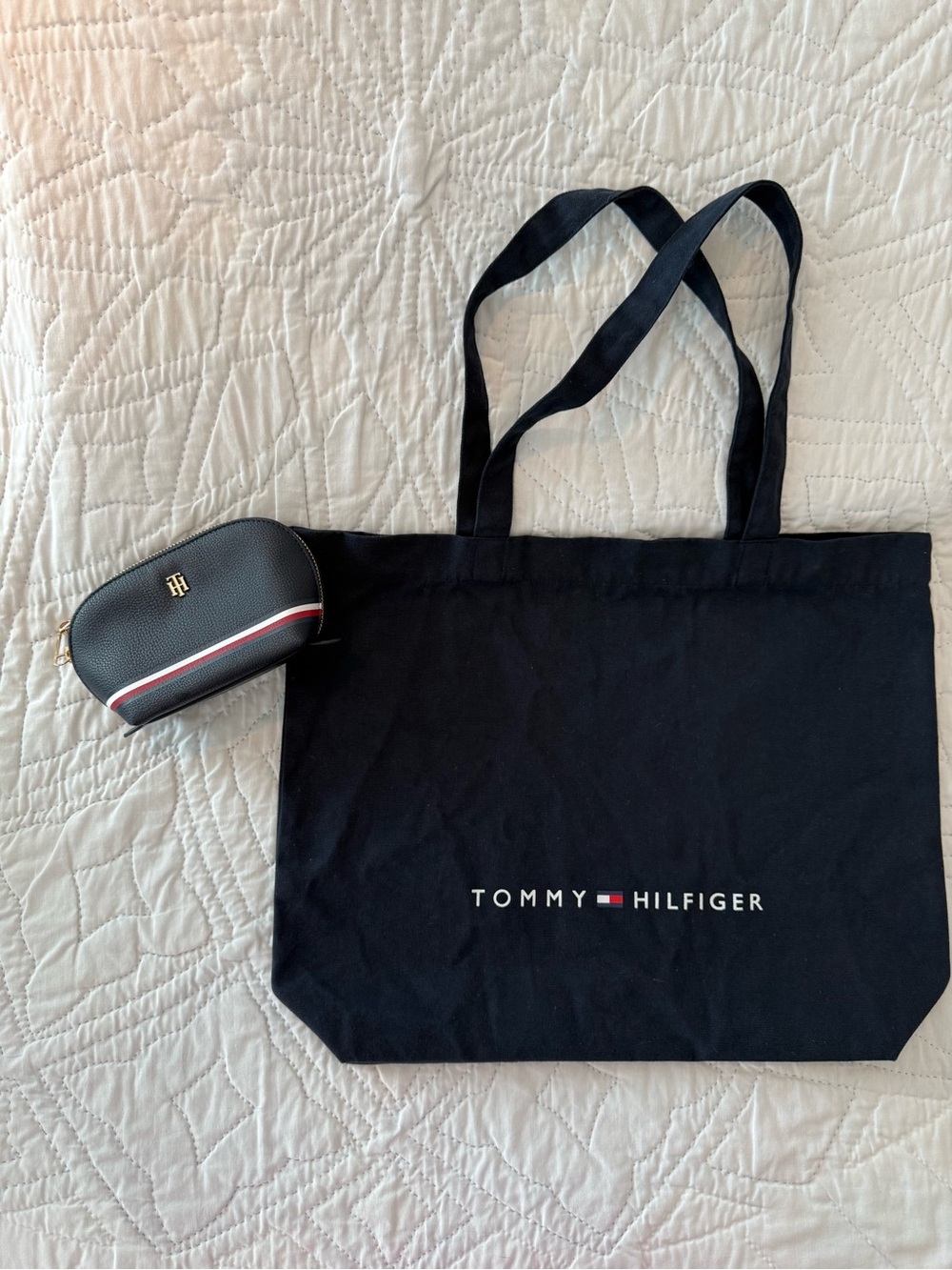 Tommy Hilfiger Black Canvas Tote with Logo and Matching Pouch